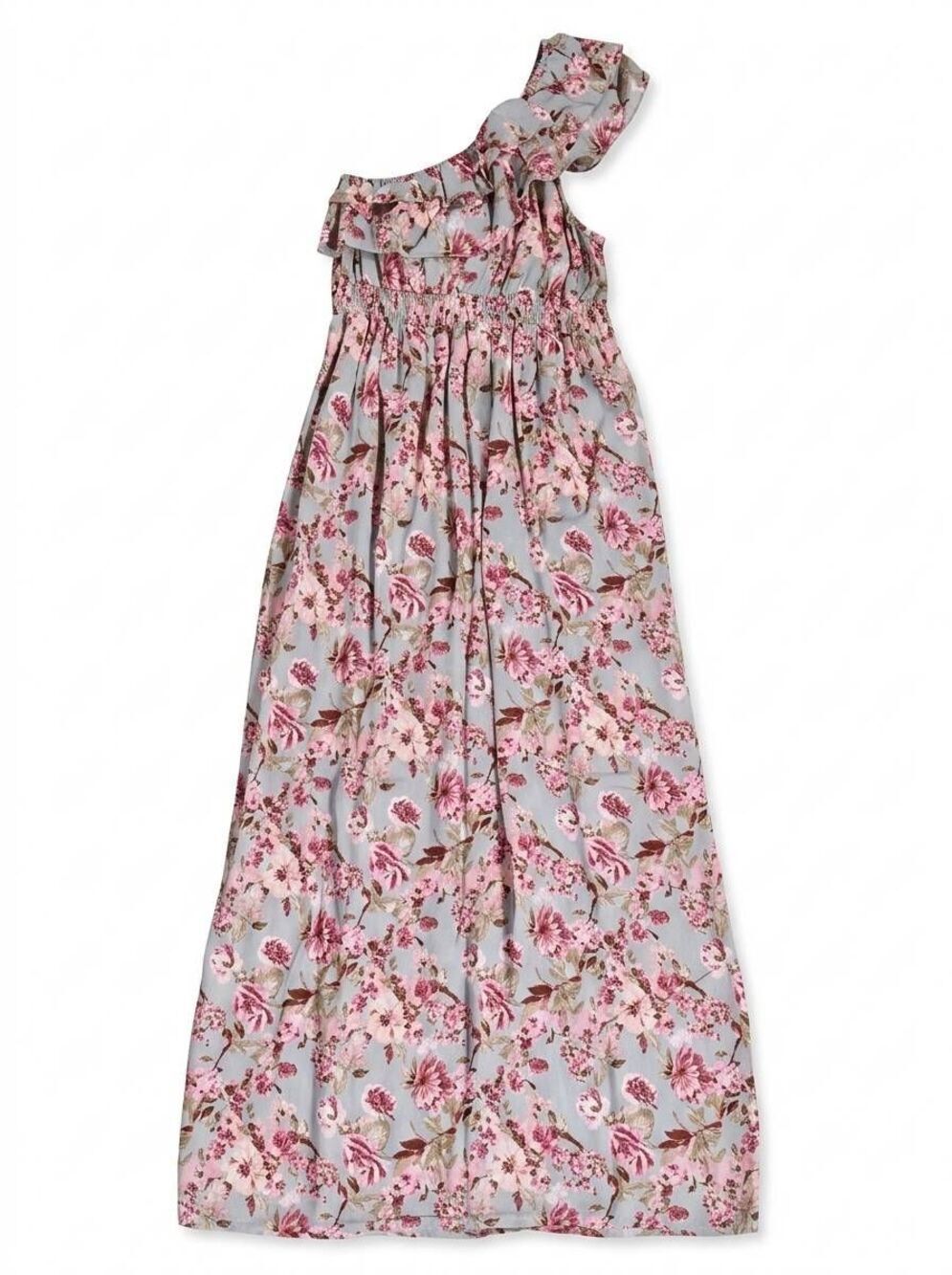 🍑Gray & Pink Rose Ruffled One Shoulder Maxi Dress Large
